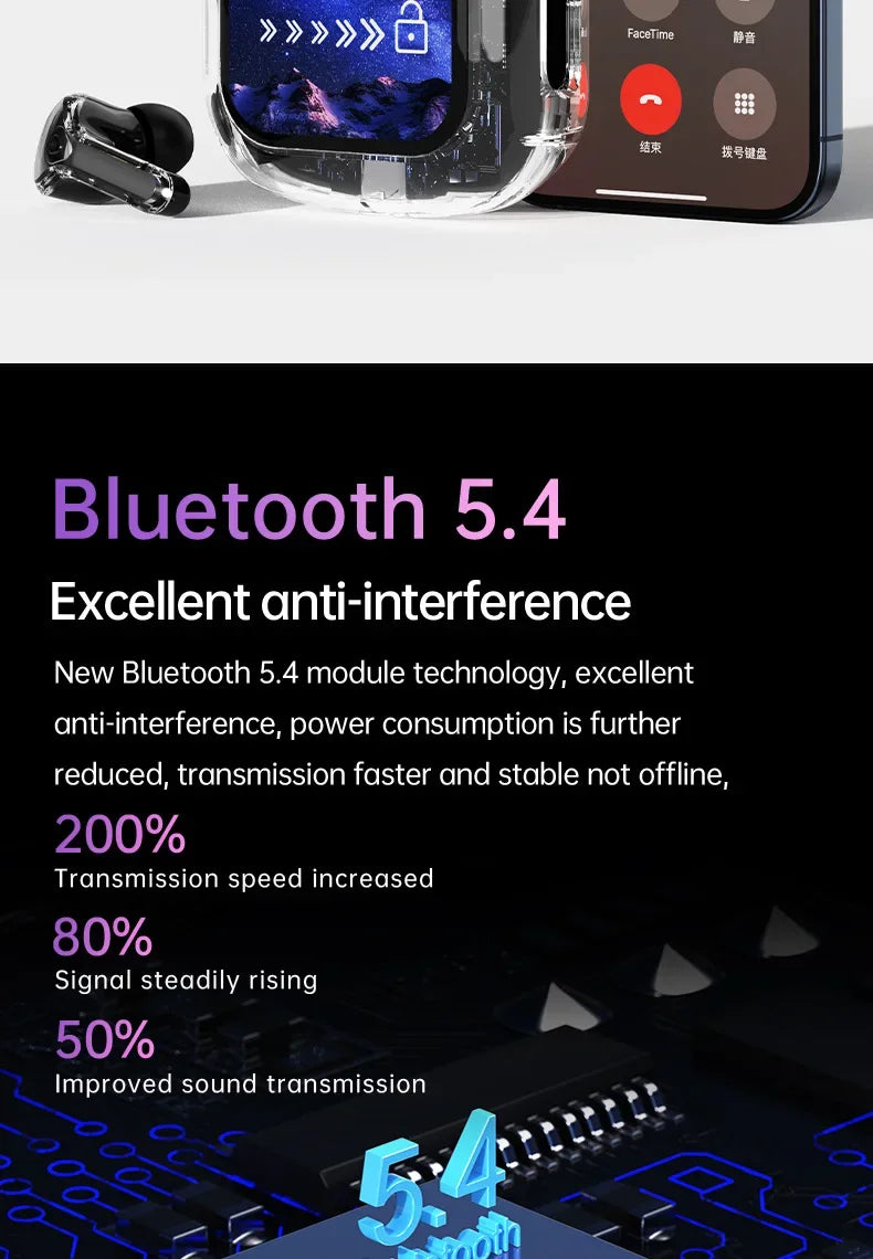 True Wireless Bluetooth Earbuds 5.4 Earphones ANC Noise Reduction Stereo Bass HD Mic Gamer Headset with LED Touch Screen Control