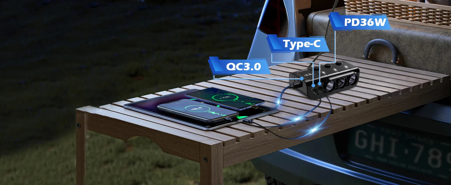 8-in-1 Car Charger – 3 Socket 12V/24V Adapter, QC3.0+PD36W Dual USB, LED Voltmeter, 3.3FT Cable  Car Accessories Interior