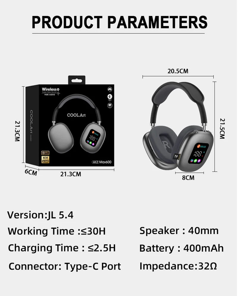 Wireless Bluetooth Headset with RGB Digital Display Screen Card Reader Headset Long Battery life High-fidelity Earphones