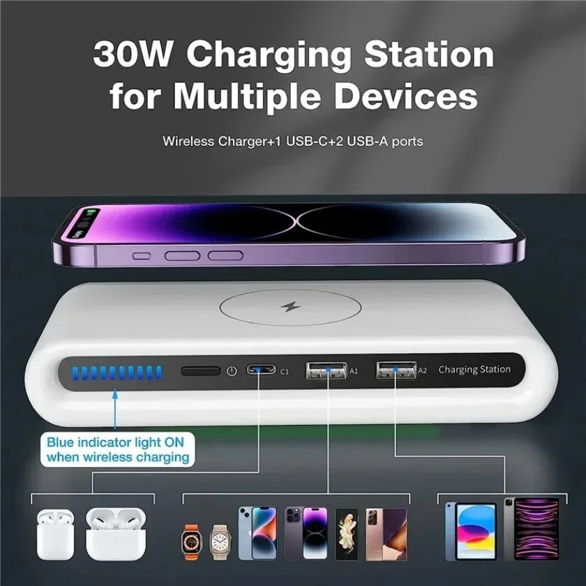 3-Port Chargers 4 in 1 Fast Charging Station Wireless Charger For iPhone 17 16 15 14 13 Dual USB PD Ports For Tablet Earphone