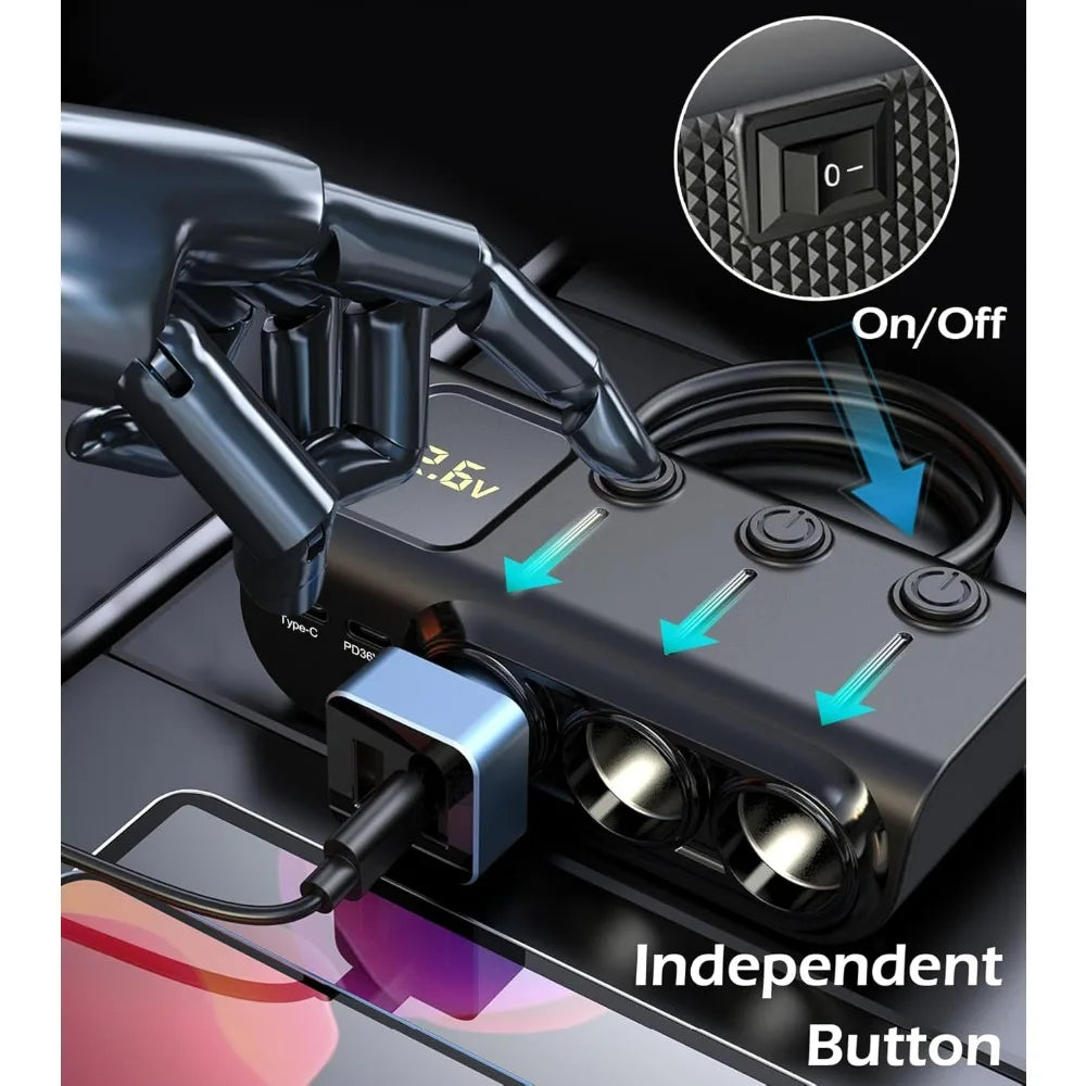 8-in-1 Car Charger – 3 Socket 12V/24V Adapter, QC3.0+PD36W Dual USB, LED Voltmeter, 3.3FT Cable  Car Accessories Interior