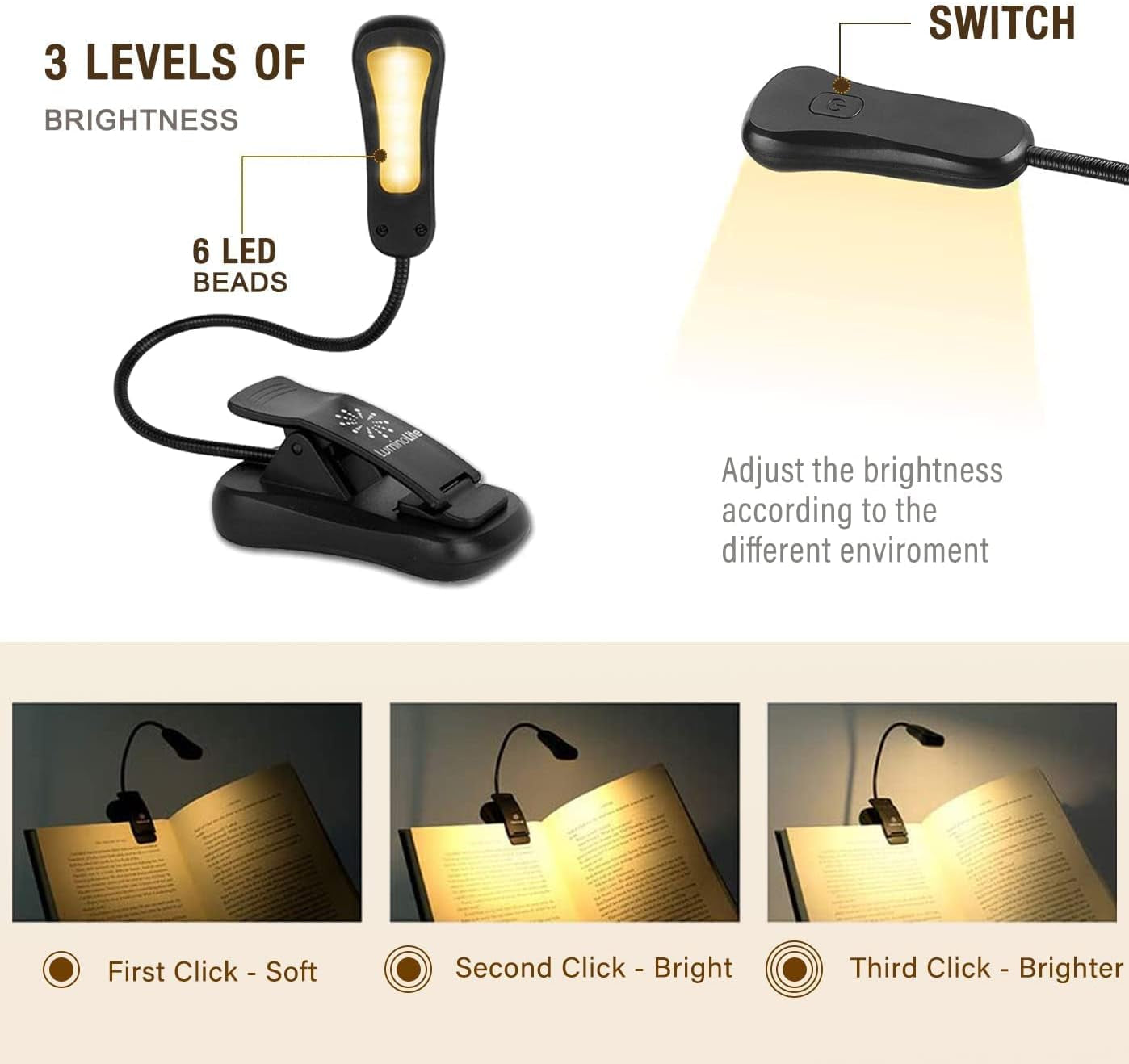 3000K Warm LED Rechargeable Book Light, Easy for Eyes, Clip on Reading Lights for Books in Bed, Car & Travel, Lightweight Slim 2.1 Oz. Great for Readers