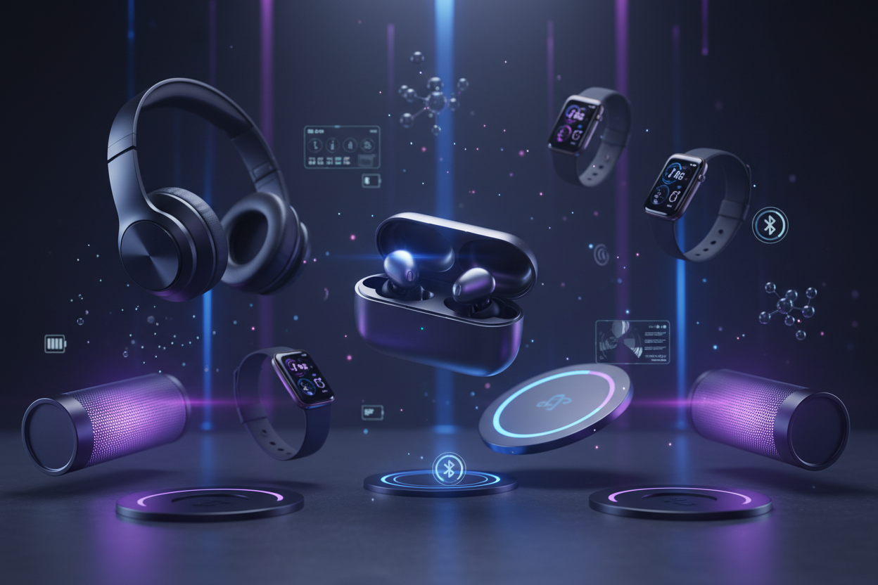 Create a modern, cinematic 3D promotional video for an online Shopify store selling wireless electronics and smart gadgets.

Scene opens in a dark futuristic room with soft neon blue and purple lighting. A wireless earbud case slowly floats and opens, earbuds glowing subtly. Smooth camera pan shows Bluetooth headphones, wireless chargers, smartwatches, and portable speakers rotating in the air.

Add clean tech-style animations showing:
– Instant Bluetooth pairing
– Fast wireless charging rings
– Long batter