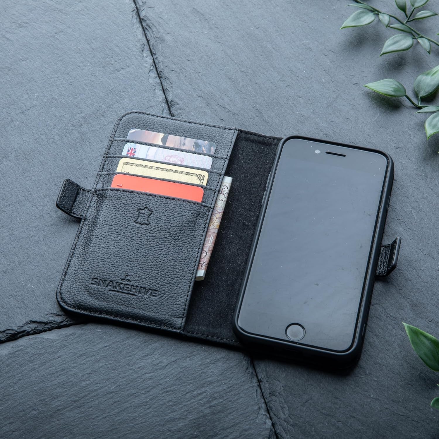 Genuine Leather Wallet Case for iPhone SE (2022/2020) – Flip Cover with Card Slots and Stand in Dappled Black